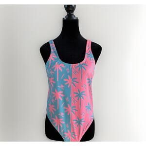 Chubbies One Piece Swimsuit - L Neon Pink Teal Palm Tree, High Cut Leg 90s Retro